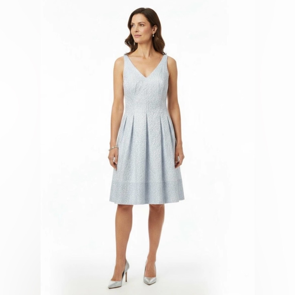 Lauren Ralph Lauren Elegant Pleated White Silver Sleeveless A-Line Midi Dress